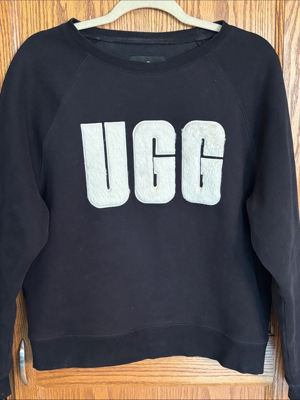 UGG Black Crewneck Sweatshirt with Beige Fuzzy Logo, Excellent Condition